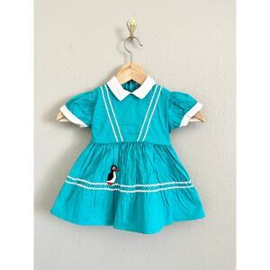 Vintage 50s Baby Infant Blue White Short Sleeve Cotton Penguin Cotton Dress 1